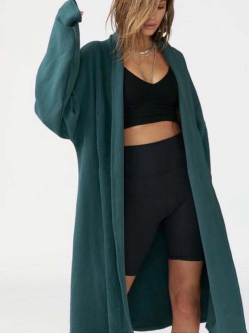 Joah Brown Cardigan Long Open Front Duster in Green